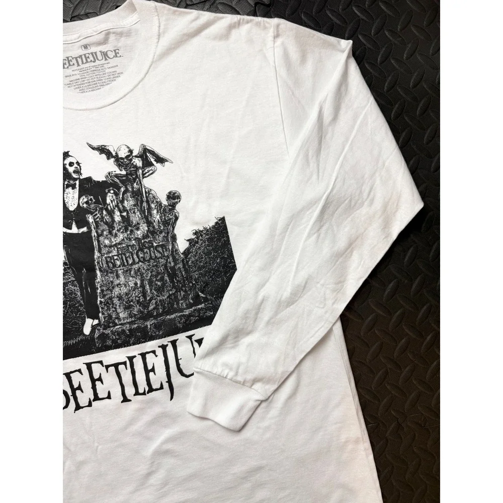 Beetlejuice Graphic Long Sleeve T-Shirt Mens Medium White Tombstone Movie Tee